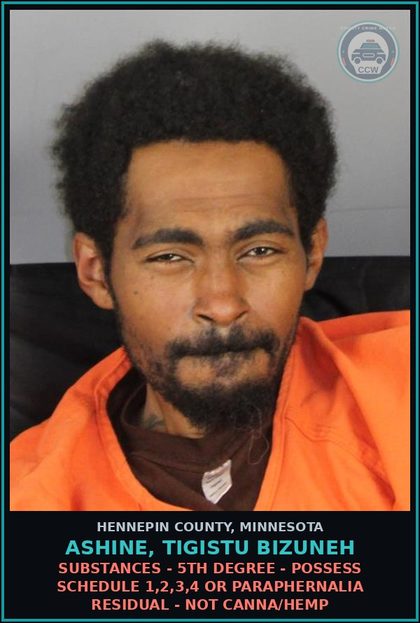 CCW arrest card for ASHINE, TIGISTU BIZUNEH in Hennepin County: DRUGS - 5TH DEGREE - POSSESS SCHEDULE 1,2,3,4 OR PARAPHERNALIA RESIDUAL - NOT Canna/HEMP