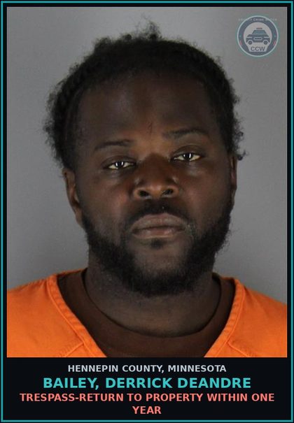 CCW arrest card for BAILEY, DERRICK DEANDRE in Hennepin County: TRESPASS-RETURN TO PROPERTY WITHIN ONE YEAR