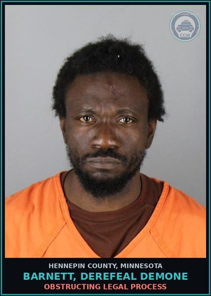 CCW arrest card for BARNETT, DEREFEAL DEMONE in Hennepin County: OBSTRUCTING LEGAL PROCESS