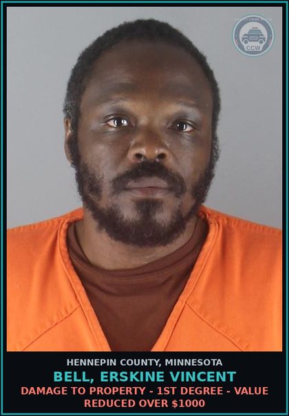 CCW arrest card for BELL, ERSKINE VINCENT in Hennepin County: DAMAGE TO PROPERTY - 1ST DEGREE - VALUE REDUCED OVER $1000