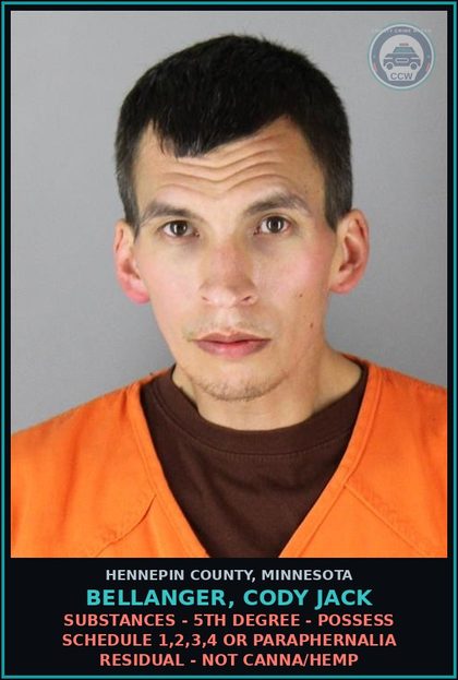 CCW arrest card for BELLANGER, CODY JACK in Hennepin County: DRUGS - 5TH DEGREE - POSSESS SCHEDULE 1,2,3,4 OR PARAPHERNALIA RESIDUAL - NOT Canna/HEMP