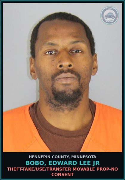 CCW arrest card for BOBO, EDWARD LEE JR in Hennepin County: THEFT-TAKE/USE/TRANSFER MOVABLE PROP-NO CONSENT