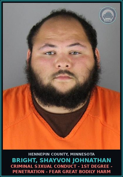 CCW arrest card for BRIGHT, SHAYVON JOHNATHAN in Hennepin County: CRIMINAL s3xual CONDUCT - 1ST DEGREE - PENETRATION - FEAR GREAT BODILY HARM