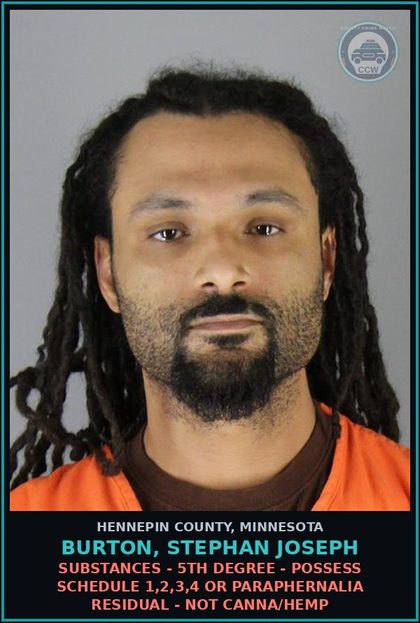 CCW arrest card for BURTON, STEPHAN JOSEPH in Hennepin County: DRUGS - 5TH DEGREE - POSSESS SCHEDULE 1,2,3,4 OR PARAPHERNALIA RESIDUAL - NOT Canna/HEMP