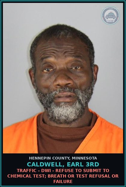 CCW arrest card for CALDWELL, EARL 3RD in Hennepin County: DRUGS - 5TH DEGREE - POSSESS SCHEDULE 1,2,3,4 OR PARAPHERNALIA RESIDUAL - NOT Canna/HEMP