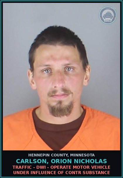 CCW arrest card for CARLSON, ORION NICHOLAS in Hennepin County: DRUGS - 5TH DEGREE - POSSESS SCHEDULE 1,2,3,4 OR PARAPHERNALIA RESIDUAL - NOT Canna/HEMP