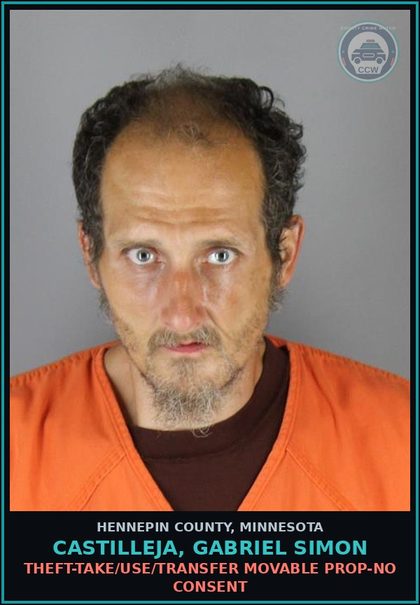 CCW arrest card for CASTILLEJA, GABRIEL SIMON in Hennepin County: THEFT-TAKE/USE/TRANSFER MOVABLE PROP-NO CONSENT