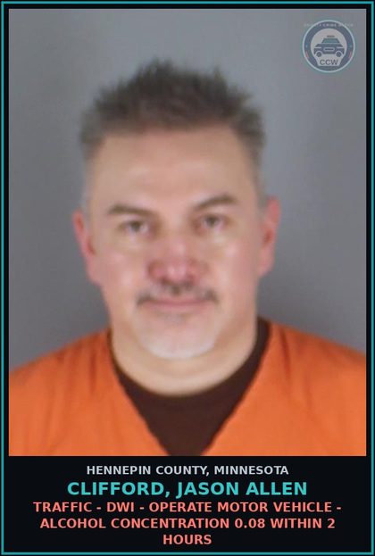 CCW arrest card for CLIFFORD, JASON ALLEN in Hennepin County: TRAFFIC - DWI - OPERATE MOTOR VEHICLE - ALCOHOL CONCENTRATION 0.08 WITHIN 2 HOURS