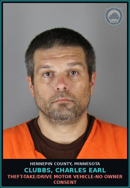 CCW arrest card for CLUBBS, CHARLES EARL in Hennepin County: THEFT-TAKE/DRIVE MOTOR VEHICLE-NO OWNER CONSENT