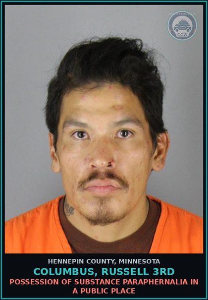 CCW arrest card for COLUMBUS, RUSSELL 3RD in Hennepin County: DRUGS - 5TH DEGREE - POSSESS SCHEDULE 1,2,3,4 OR PARAPHERNALIA RESIDUAL - NOT Canna/HEMP