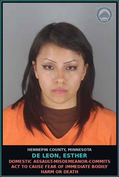 CCW arrest card for DE LEON, ESTHER in Hennepin County: DOMESTIC ASSAULT-MISDEMEANOR-COMMITS ACT TO CAUSE FEAR OF IMMEDIATE BODILY HARM OR DEATH