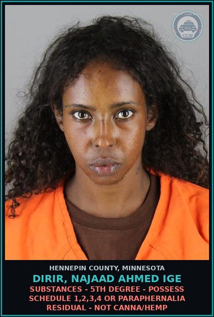 CCW arrest card for DIRIR, NAJAAD AHMED IGE in Hennepin County: DRUGS - 5TH DEGREE - POSSESS SCHEDULE 1,2,3,4 OR PARAPHERNALIA RESIDUAL - NOT Canna/HEMP