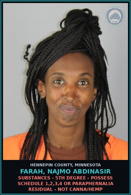 CCW arrest card for FARAH, NAJMO ABDINASIR in Hennepin County: DRUGS - 5TH DEGREE - POSSESS SCHEDULE 1,2,3,4 OR PARAPHERNALIA RESIDUAL - NOT Canna/HEMP