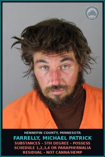 CCW arrest card for FARRELLY, MICHAEL PATRICK in Hennepin County: DRUGS - 5TH DEGREE - POSSESS SCHEDULE 1,2,3,4 OR PARAPHERNALIA RESIDUAL - NOT Canna/HEMP