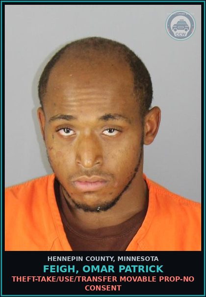 CCW arrest card for FEIGH, OMAR PATRICK in Hennepin County: THEFT-TAKE/USE/TRANSFER MOVABLE PROP-NO CONSENT