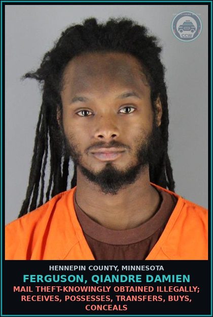 CCW arrest card for FERGUSON, QIANDRE DAMIEN in Hennepin County: MAIL THEFT-KNOWINGLY OBTAINED ILLEGALLY; RECEIVES, POSSESSES, TRANSFERS, BUYS, CONCEALS