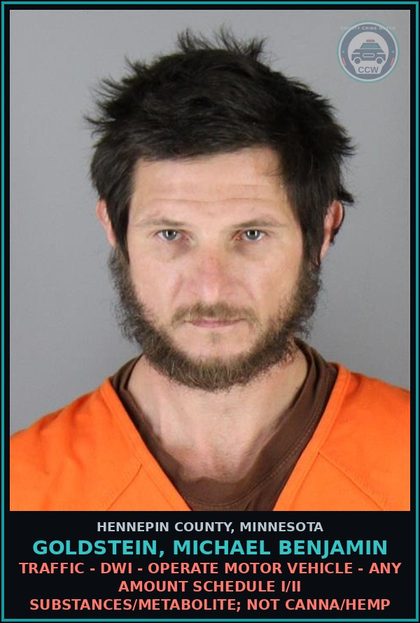 CCW arrest card for GOLDSTEIN, MICHAEL BENJAMIN in Hennepin County: TRAFFIC - DWI - OPERATE MOTOR VEHICLE - ANY AMOUNT SCHEDULE I/II DRUGS/METABOLITE; NOT Canna/HEMP