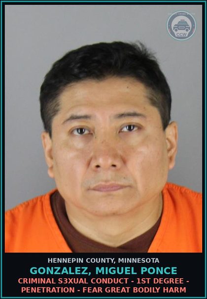 CCW arrest card for GONZALEZ, MIGUEL PONCE in Hennepin County: CRIMINAL s3xual CONDUCT - 1ST DEGREE - PENETRATION - FEAR GREAT BODILY HARM