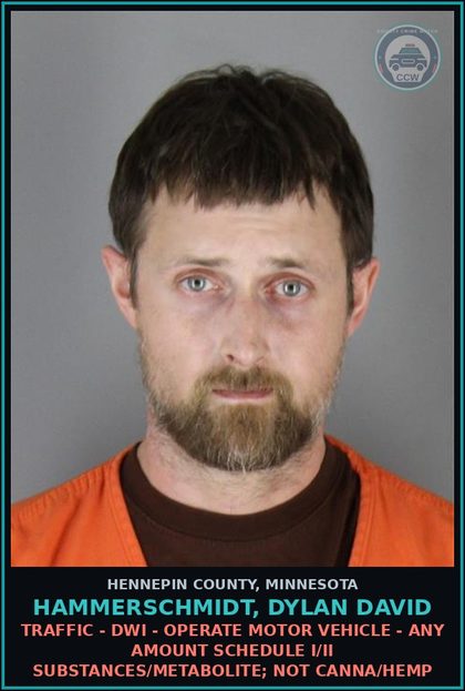 CCW arrest card for HAMMERSCHMIDT, DYLAN DAVID in Hennepin County: DRUGS - 1ST DEGREE - POSSESS 50 GRAMS OR MORE - COCAINE OR Methamp