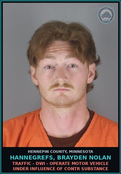 CCW arrest card for HANNEGREFS, BRAYDEN NOLAN in Hennepin County: TRAFFIC - DWI - OPERATE MOTOR VEHICLE UNDER INFLUENCE OF contr substance