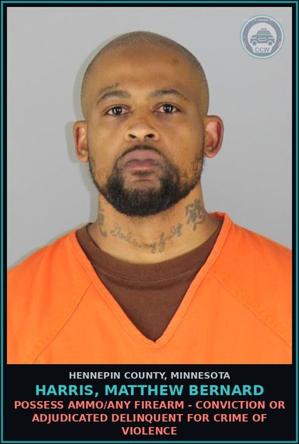 CCW arrest card for HARRIS, MATTHEW BERNARD in Hennepin County: DRUGS - 1ST DEGREE - SALE - 10 GRAMS OR MORE, 40 DOSAGE UNITS OR MORE; HEROIN OR Fent