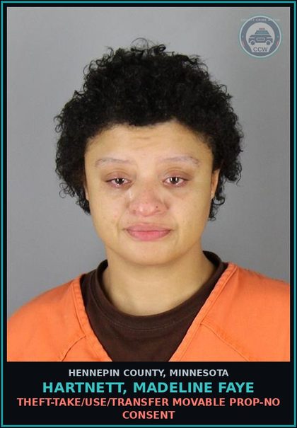 CCW arrest card for HARTNETT, MADELINE FAYE in Hennepin County: THEFT-TAKE/USE/TRANSFER MOVABLE PROP-NO CONSENT