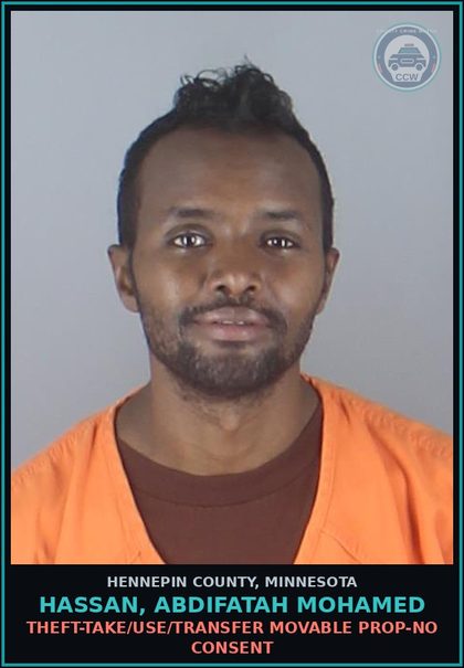 CCW arrest card for HASSAN, ABDIFATAH MOHAMED in Hennepin County: THEFT-TAKE/USE/TRANSFER MOVABLE PROP-NO CONSENT