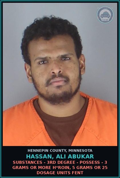 CCW arrest card for HASSAN, ALI ABUKAR in Hennepin County: DRUGS - 3RD DEGREE - POSSESS - 3 GRAMS OR MORE HEROIN, 5 GRAMS OR 25 DOSAGE UNITS Fent