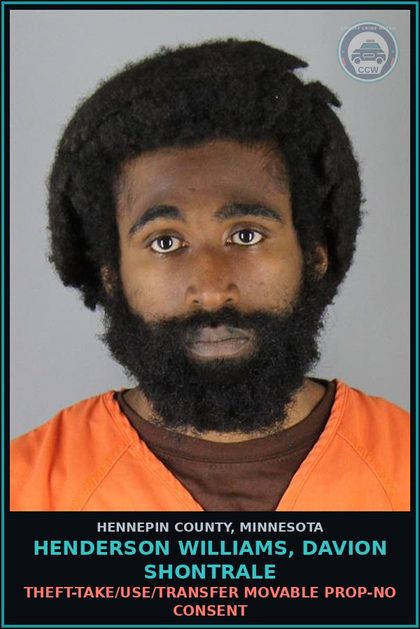 CCW arrest card for HENDERSON WILLIAMS, DAVION SHONTRALE in Hennepin County: THEFT-TAKE/USE/TRANSFER MOVABLE PROP-NO CONSENT
