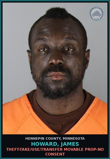 CCW arrest card for HOWARD, JAMES in Hennepin County: THEFT-TAKE/USE/TRANSFER MOVABLE PROP-NO CONSENT