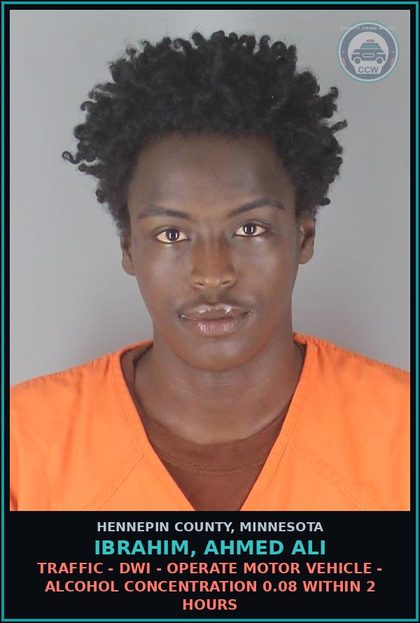 CCW arrest card for IBRAHIM, AHMED ALI in Hennepin County: TRAFFIC - DWI - OPERATE MOTOR VEHICLE - ALCOHOL CONCENTRATION 0.08 WITHIN 2 HOURS