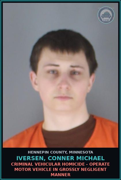 CCW arrest card for IVERSEN, CONNER MICHAEL in Hennepin County: CRIMINAL VEHICULAR HOMICIDE - OPERATE MOTOR VEHICLE IN GROSSLY NEGLIGENT MANNER