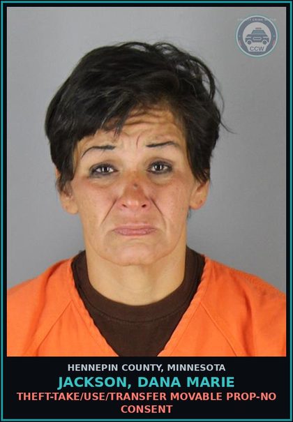 CCW arrest card for JACKSON, DANA MARIE in Hennepin County: THEFT-TAKE/USE/TRANSFER MOVABLE PROP-NO CONSENT