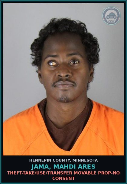 CCW arrest card for JAMA, MAHDI ARES in Hennepin County: THEFT-TAKE/USE/TRANSFER MOVABLE PROP-NO CONSENT