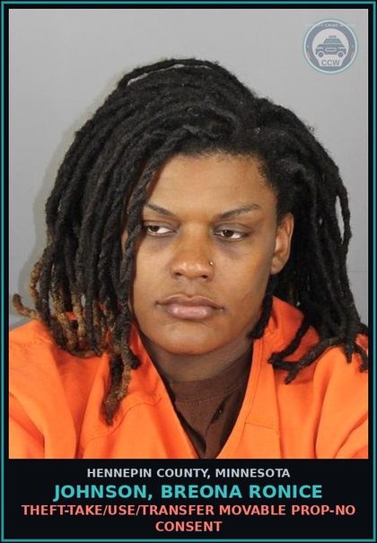 CCW arrest card for JOHNSON, BREONA RONICE in Hennepin County: DAMAGE TO PROPERTY - 1ST DEGREE - VALUE REDUCED OVER $1000
