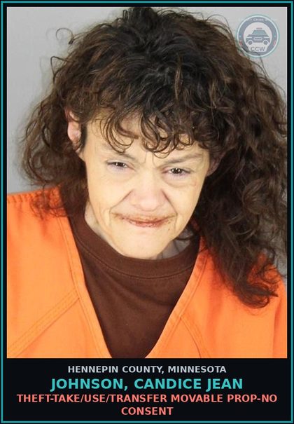 CCW arrest card for JOHNSON, CANDICE JEAN in Hennepin County: THEFT-TAKE/USE/TRANSFER MOVABLE PROP-NO CONSENT