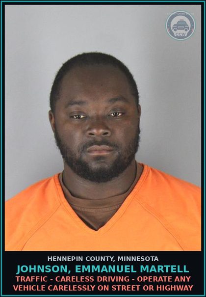 CCW arrest card for JOHNSON, EMMANUEL MARTELL in Hennepin County: TRAFFIC - CARELESS DRIVING - OPERATE ANY VEHICLE CARELESSLY ON STREET OR HIGHWAY