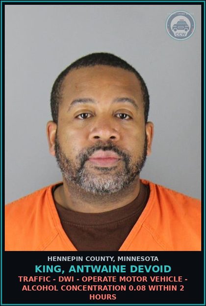CCW arrest card for KING, ANTWAINE DEVOID in Hennepin County: TRAFFIC - DWI - OPERATE MOTOR VEHICLE - ALCOHOL CONCENTRATION 0.08 WITHIN 2 HOURS