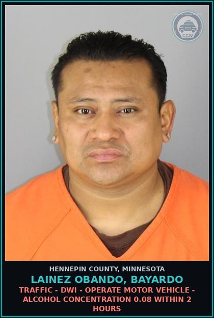 CCW arrest card for LAINEZ OBANDO, BAYARDO in Hennepin County: TRAFFIC - DWI - OPERATE MOTOR VEHICLE - ALCOHOL CONCENTRATION 0.08 WITHIN 2 HOURS