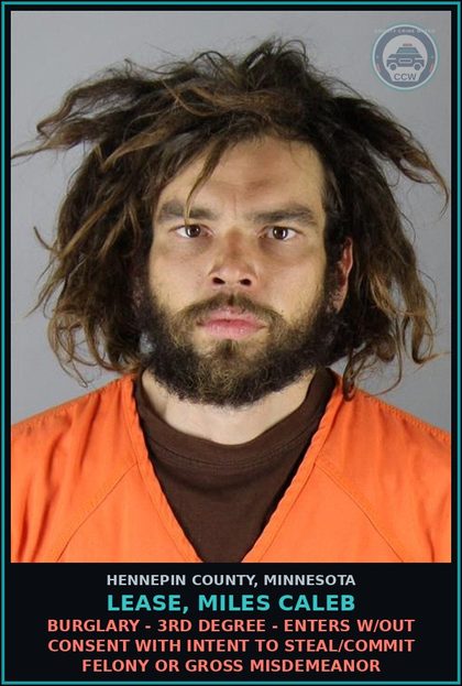CCW arrest card for LEASE, MILES CALEB in Hennepin County: BURGLARY - 3RD DEGREE - ENTERS W/OUT CONSENT WITH INTENT TO STEAL/COMMIT FELONY OR GROSS MISDEMEANOR
