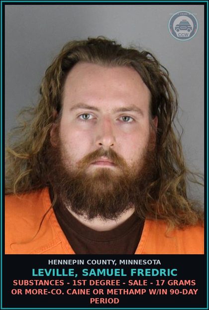 CCW arrest card for LEVILLE, SAMUEL FREDRIC in Hennepin County: DRUGS - 1ST DEGREE - SALE - 17 GRAMS OR MORE-COCAINE OR METH W/IN 90-DAY PERIOD