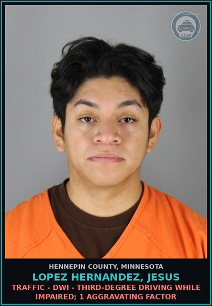 CCW arrest card for LOPEZ HERNANDEZ, JESUS in Hennepin County: TRAFFIC - DWI - THIRD-DEGREE DRIVING WHILE IMPAIRED; 1 AGGRAVATING FACTOR