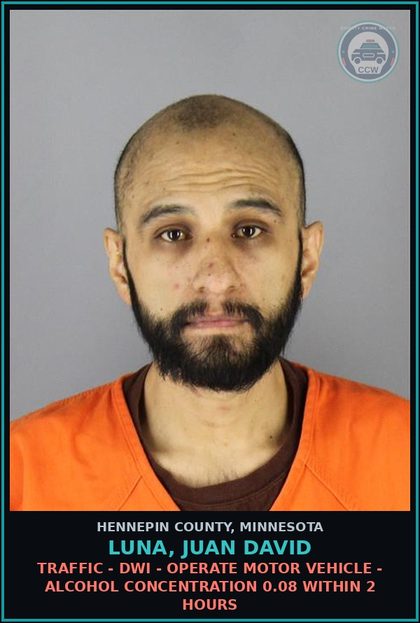 CCW arrest card for LUNA, JUAN DAVID in Hennepin County: TRAFFIC - DWI - OPERATE MOTOR VEHICLE - ALCOHOL CONCENTRATION 0.08 WITHIN 2 HOURS