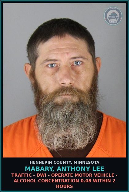 CCW arrest card for MABARY, ANTHONY LEE in Hennepin County: TRAFFIC - DWI - OPERATE MOTOR VEHICLE - ALCOHOL CONCENTRATION 0.08 WITHIN 2 HOURS