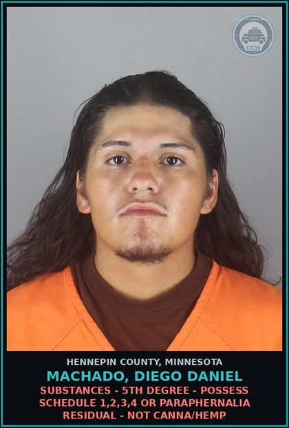 CCW arrest card for MACHADO, DIEGO DANIEL in Hennepin County: DRUGS - 5TH DEGREE - POSSESS SCHEDULE 1,2,3,4 OR PARAPHERNALIA RESIDUAL - NOT Canna/HEMP