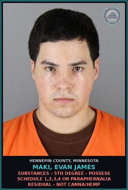CCW arrest card for MAKI, EVAN JAMES in Hennepin County: DRUGS - 5TH DEGREE - POSSESS SCHEDULE 1,2,3,4 OR PARAPHERNALIA RESIDUAL - NOT Canna/HEMP