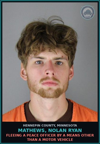 CCW arrest card for MATHEWS, NOLAN RYAN in Hennepin County: FLEEING A PEACE OFFICER BY A MEANS OTHER THAN A MOTOR VEHICLE