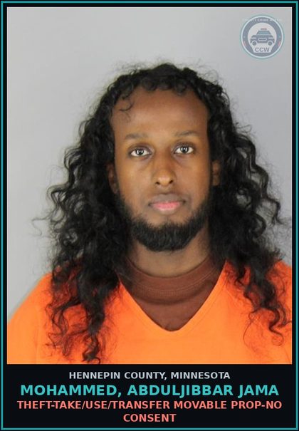 CCW arrest card for MOHAMMED, ABDULJIBBAR JAMA in Hennepin County: THEFT-TAKE/USE/TRANSFER MOVABLE PROP-NO CONSENT