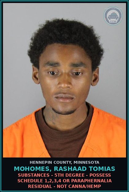 CCW arrest card for MOHOMES, RASHAAD TOMIAS in Hennepin County: DRUGS - 5TH DEGREE - POSSESS SCHEDULE 1,2,3,4 OR PARAPHERNALIA RESIDUAL - NOT Canna/HEMP