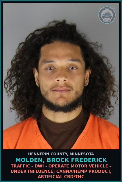 CCW arrest card for MOLDEN, BROCK FREDERICK in Hennepin County: TRAFFIC - DWI - OPERATE MOTOR VEHICLE - UNDER INFLUENCE; Canna/HEMP PRODUCT, ARTIFICIAL CBD/THC